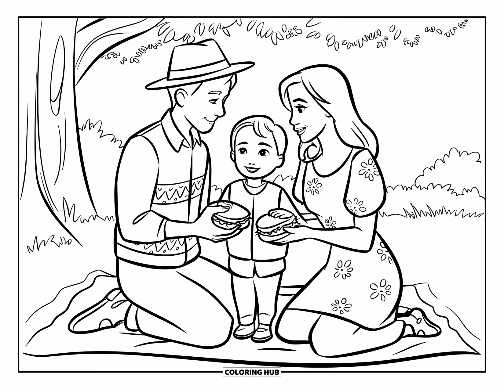 Picnic Coloring Page for Kids: A family of three enjoying sandwiches together on a picnic blanket under a tree