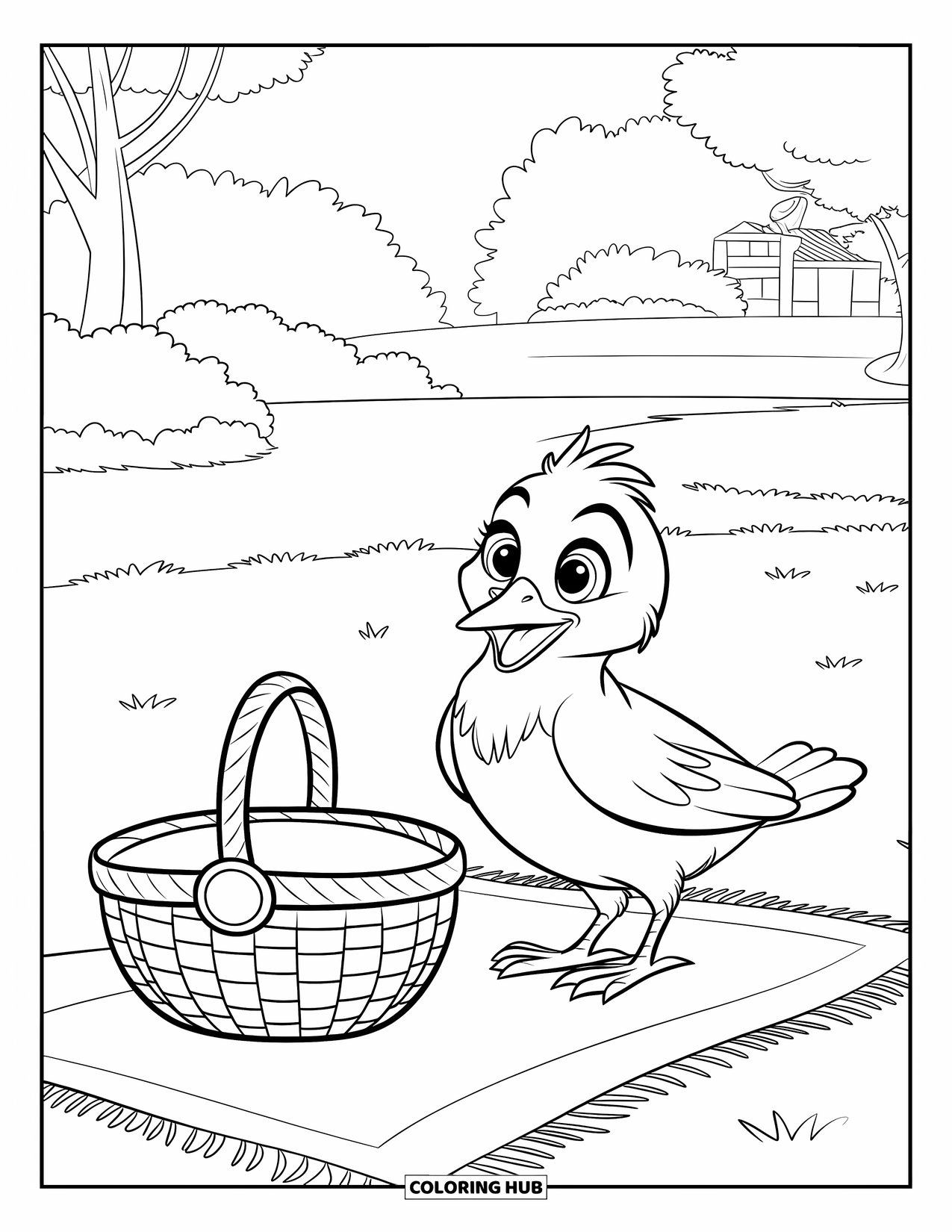 Picnic Coloring Page for Kids: A happy bird sitting near a picnic basket in a garden