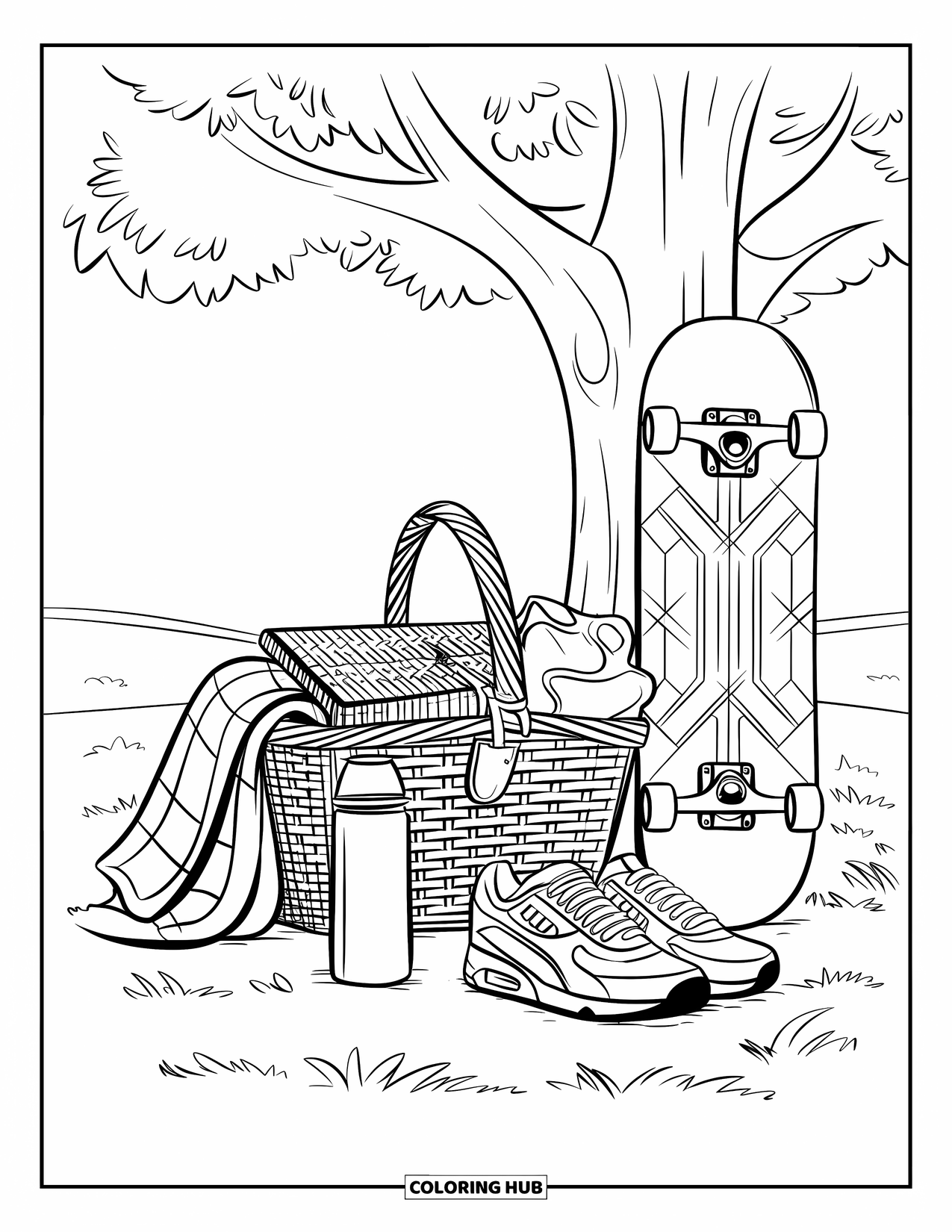 Picnic Coloring Page for Kids: A picnic basket, skateboard, and sneakers under a tree beside open fields