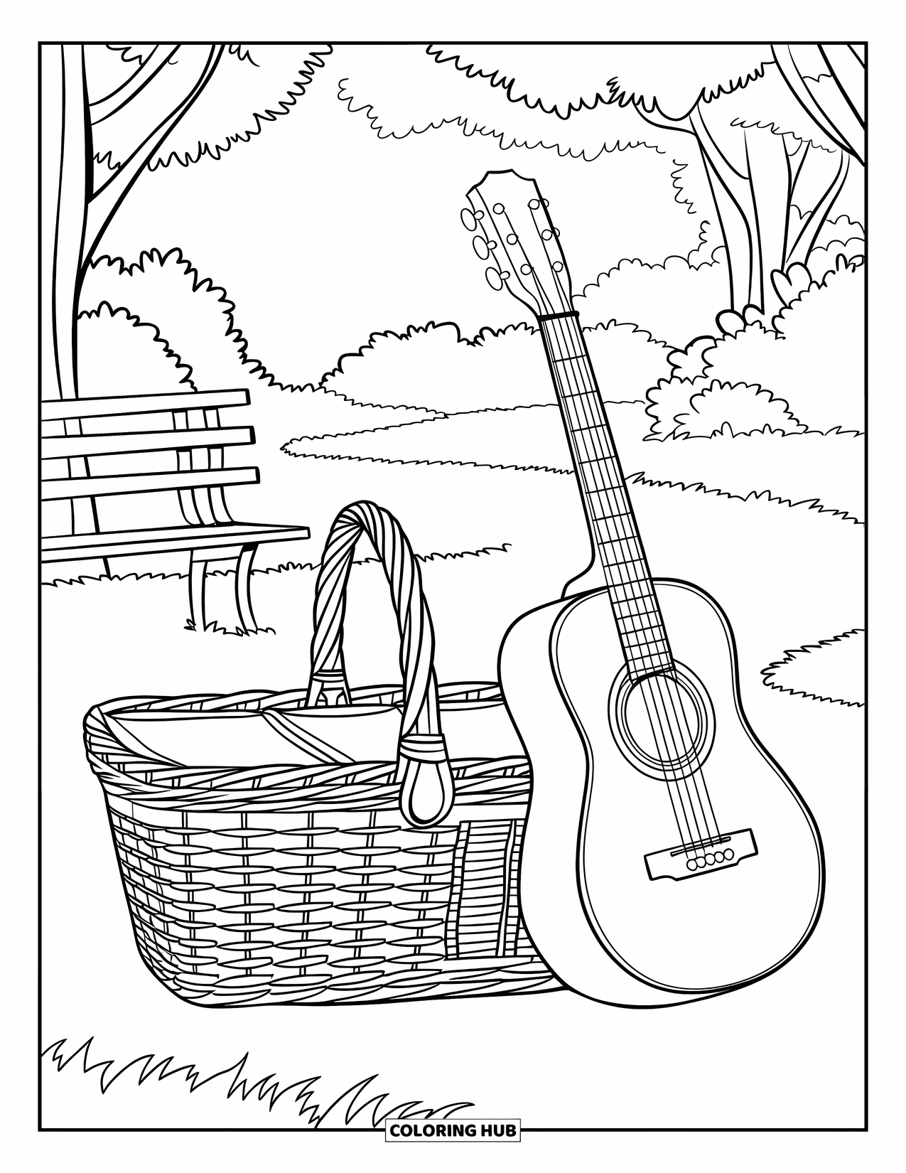Picnic Coloring Page for Kids: A picnic basket with a guitar resting beside it in a quiet park