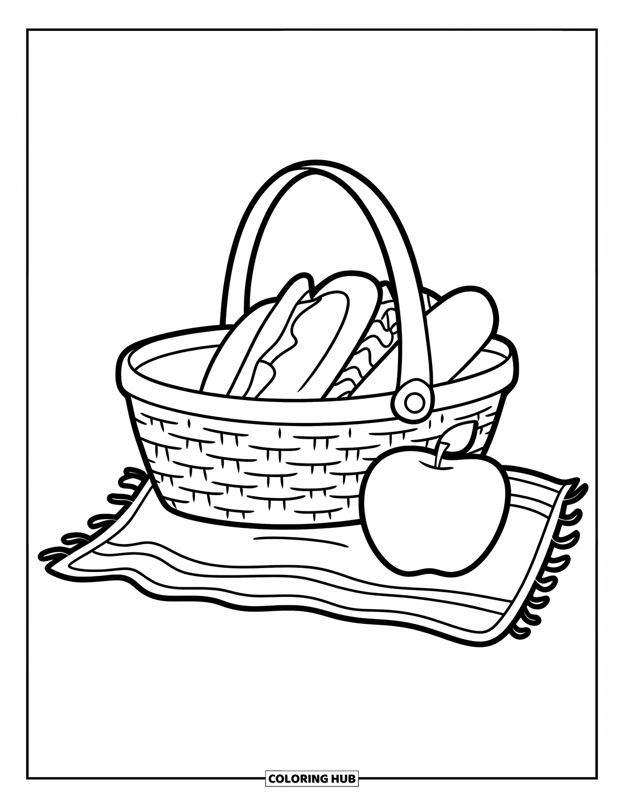 Picnic Coloring Page for Kids: A picnic basket with a sandwich and apple on a blanket