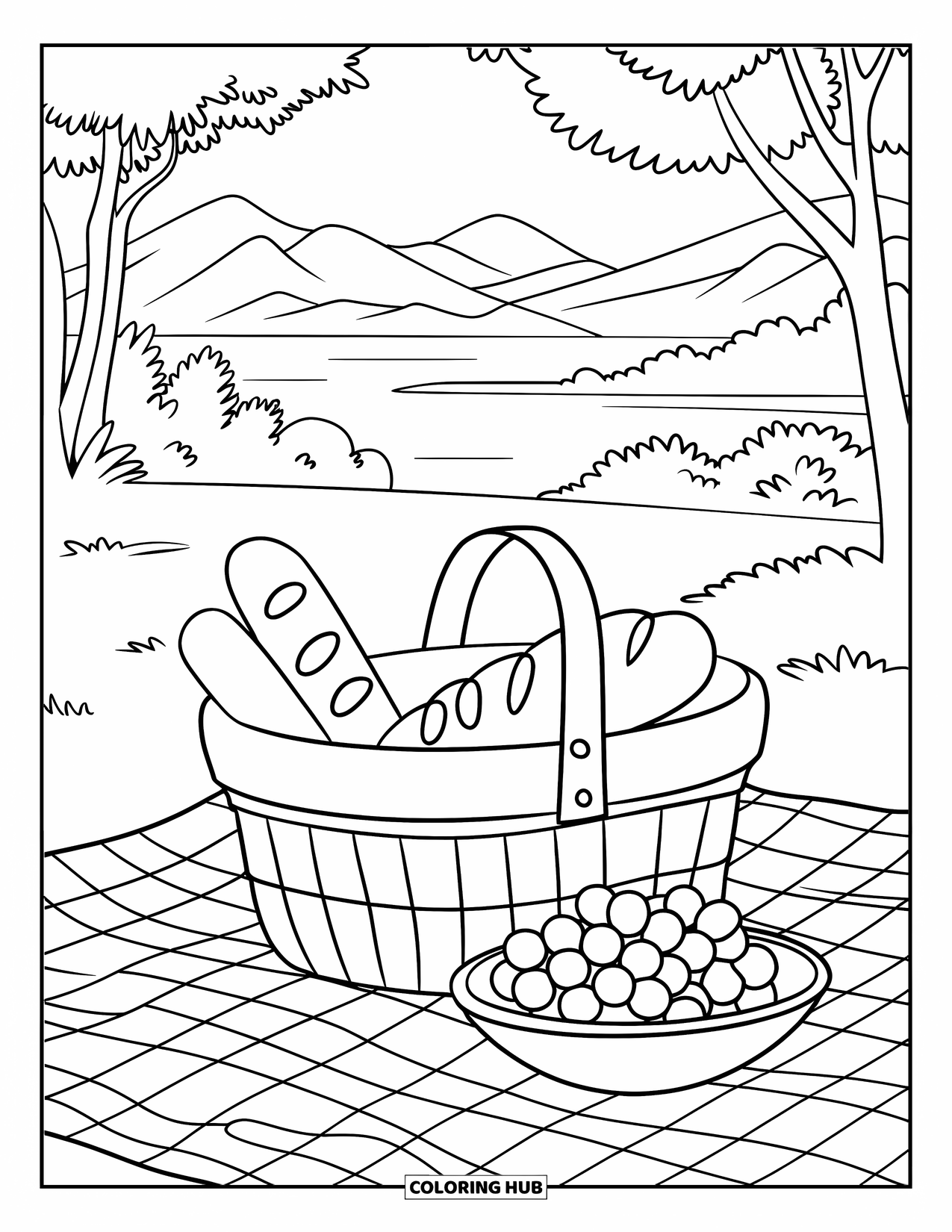 Picnic Coloring Page for Kids: A picnic basket with bread and grapes near trees