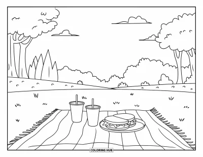 Picnic Coloring Page for Kids: A picnic blanket with cups and a sandwich under trees