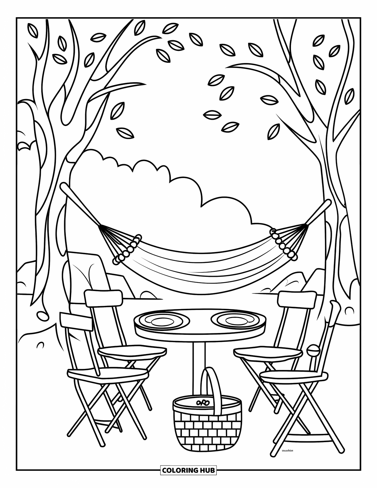 Picnic Coloring Page for Kids: A picnic table and chairs with a hammock between trees in a relaxing setting