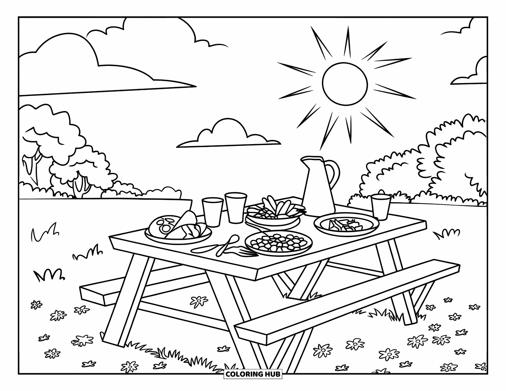 Picnic Coloring Page for Kids: A picnic table filled with plates, a pitcher, and cups surrounded by trees