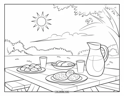 Picnic Coloring Page for Kids: A picnic table under the sun with food, drinks, and a few trees nearby