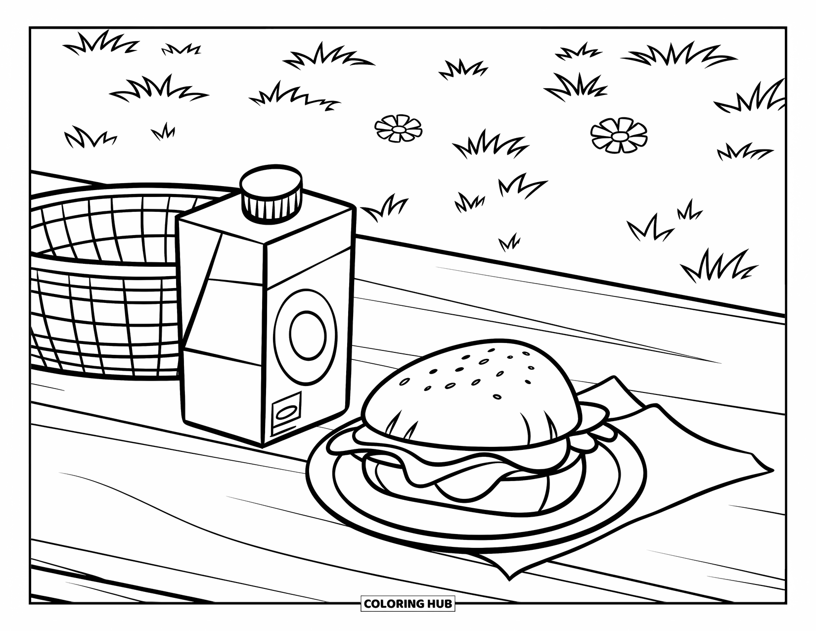 Picnic Coloring Page for Kids: A picnic table with a sandwich, juice, and basket