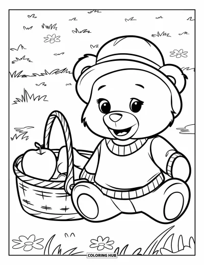 Picnic Coloring Page for Kids: A teddy bear wearing a sweater beside a picnic basket and flowers