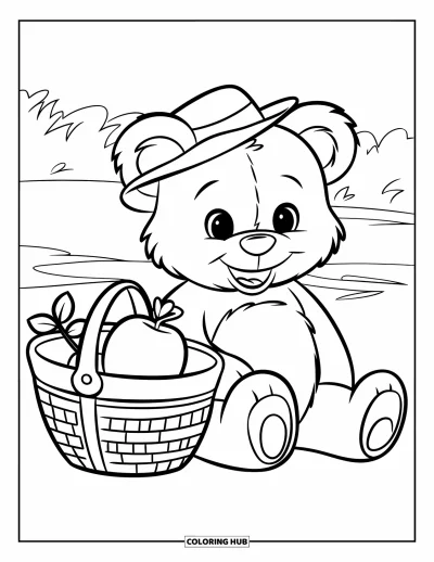 Picnic Coloring Page for Kids: A teddy bear with a hat beside a picnic basket and fruit