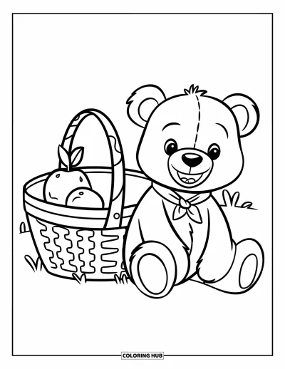 Picnic Coloring Page for Kids: A teddy bear with a scarf beside a picnic basket outdoors
