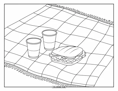 Picnic Coloring Page for Kids: Two cups and a sandwich on a picnic blanket