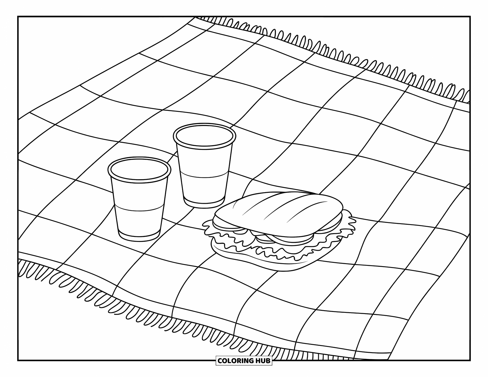 Picnic Coloring Page for Kids: Two cups and a sandwich on a picnic blanket
