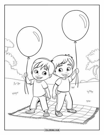 Picnic Coloring Page for Kids: Two happy kids holding balloons on a grassy field