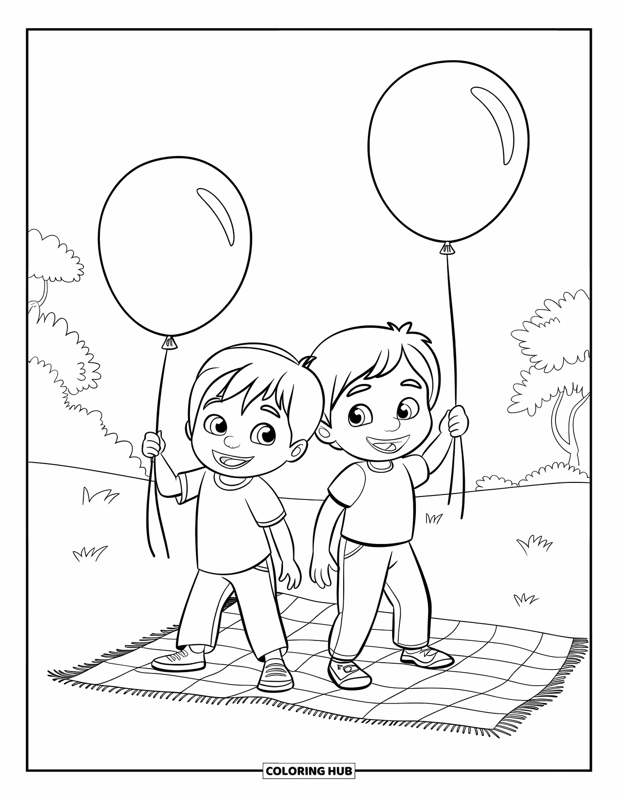 Picnic Coloring Page for Kids: Two happy kids holding balloons on a grassy field
