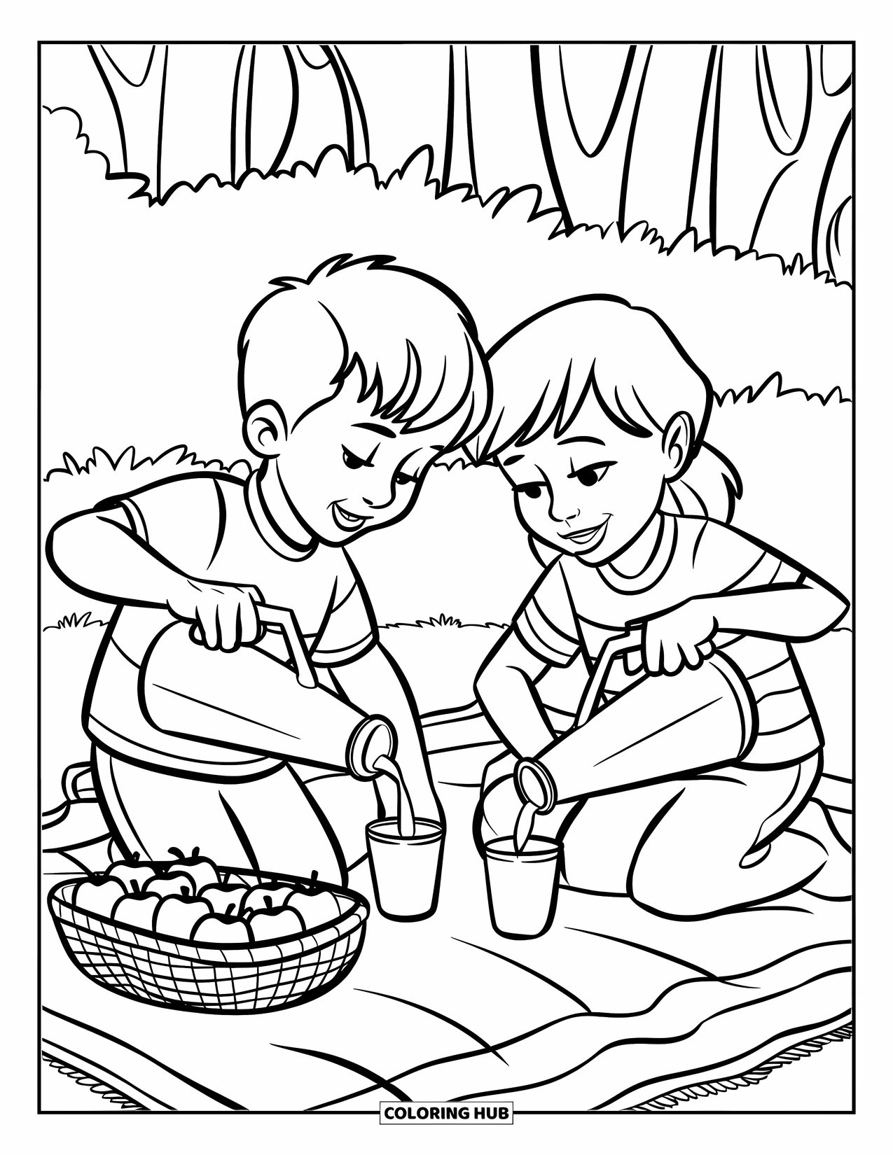 Picnic Coloring Page for Kids: Two kids pouring juice on a picnic blanket with apples beside them
