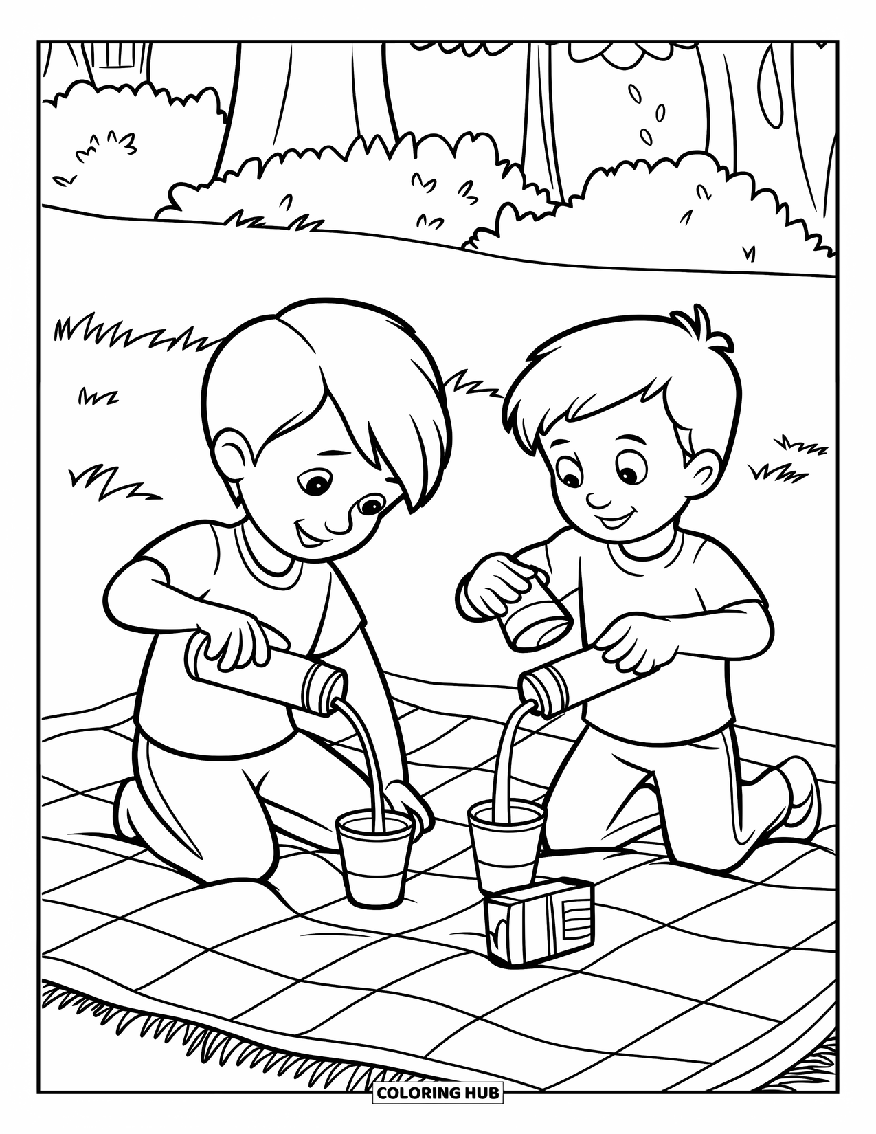 Picnic Coloring Page for Kids: Two kids sharing juice on a picnic blanket surrounded by trees