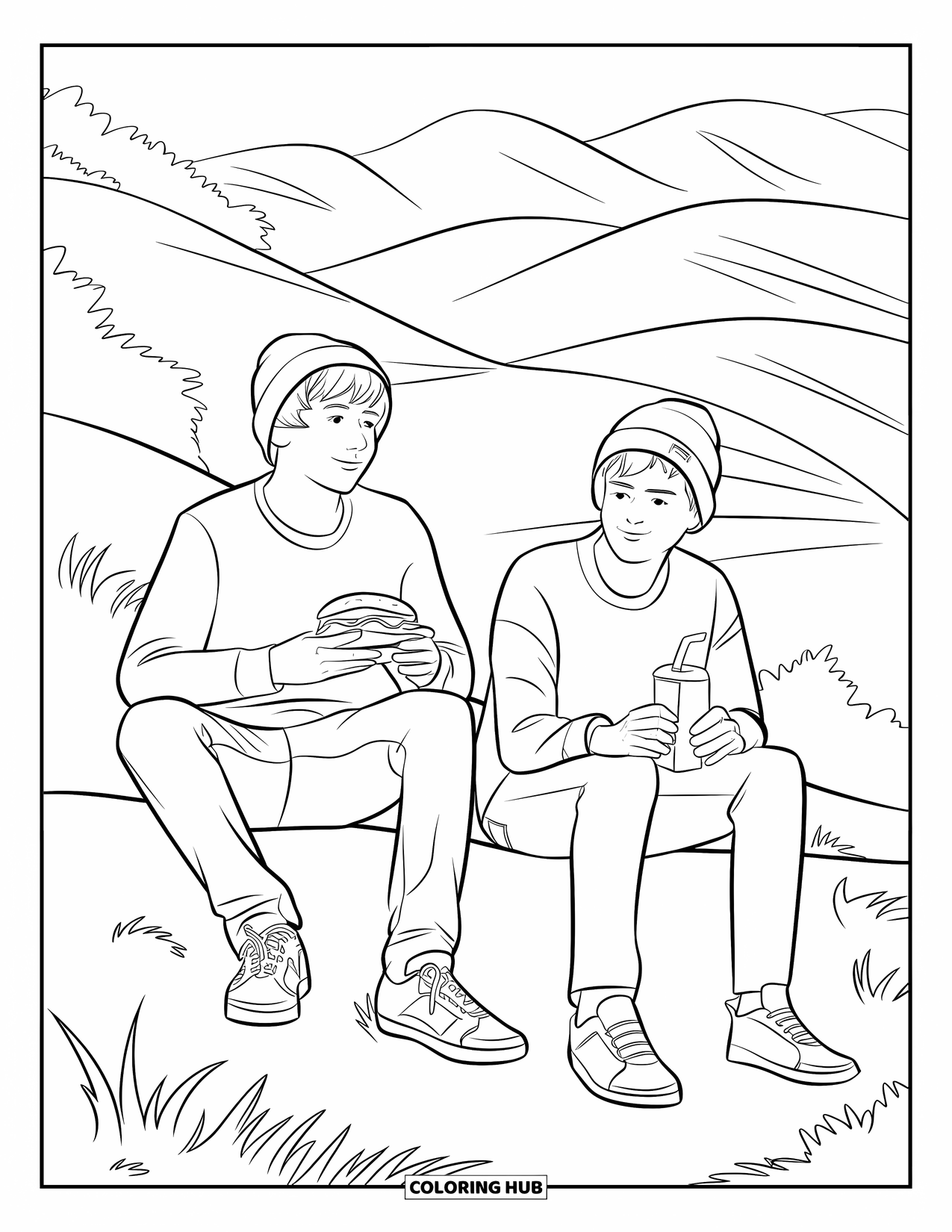 Picnic Coloring Page for Kids: Two teens sitting on a hillside enjoying lunch with rolling hills behind them