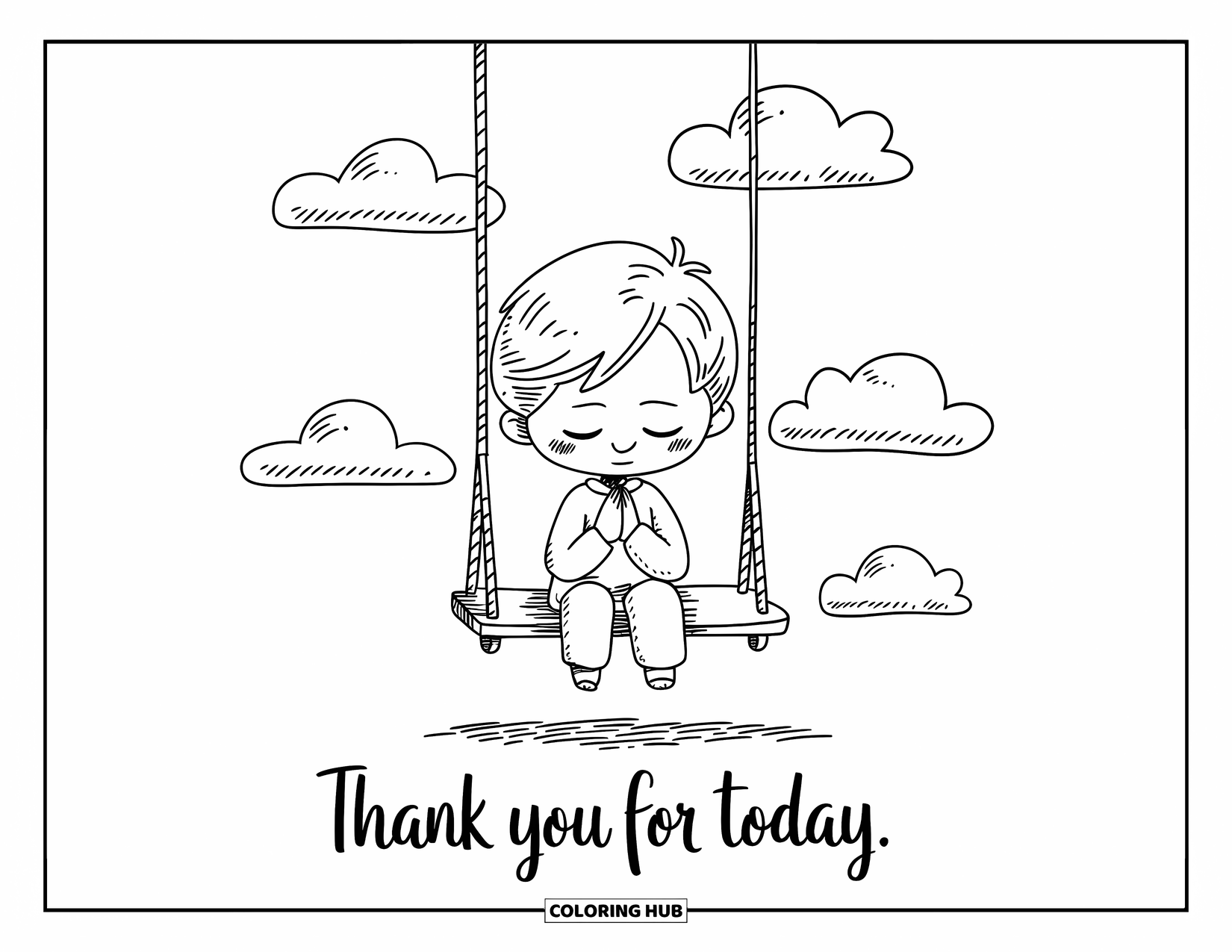 Prayer Coloring Page for Adults: A chibi boy prays softly under clouds