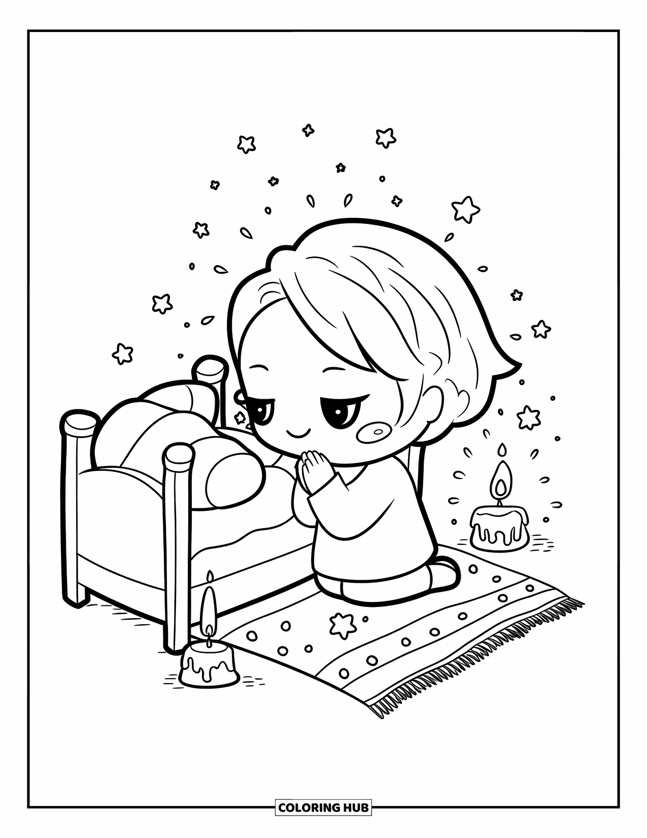 Prayer Coloring Page for Adults: A chibi child prays by a small bed under twinkling stars