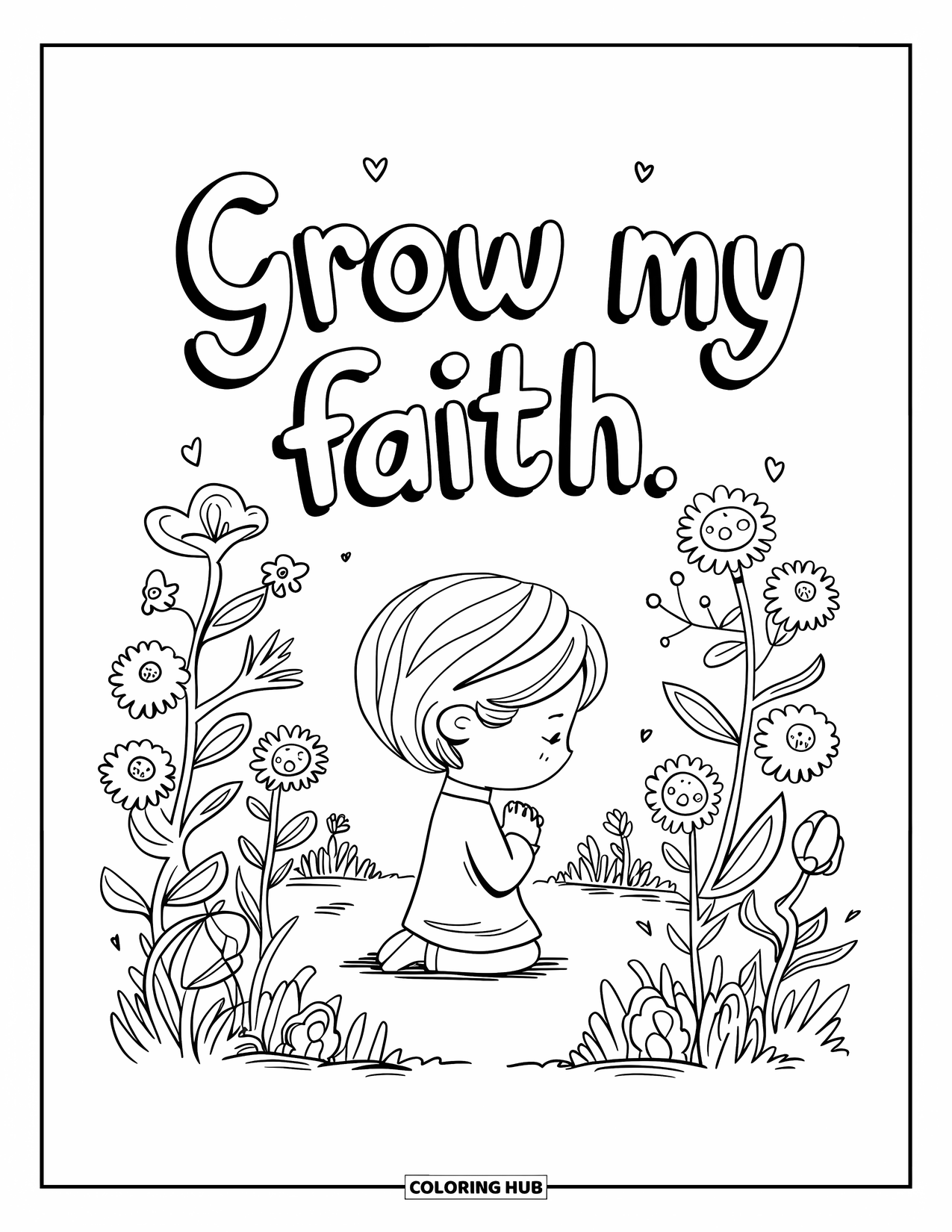 Prayer Coloring Page for Adults: A child kneels among flowers in prayer