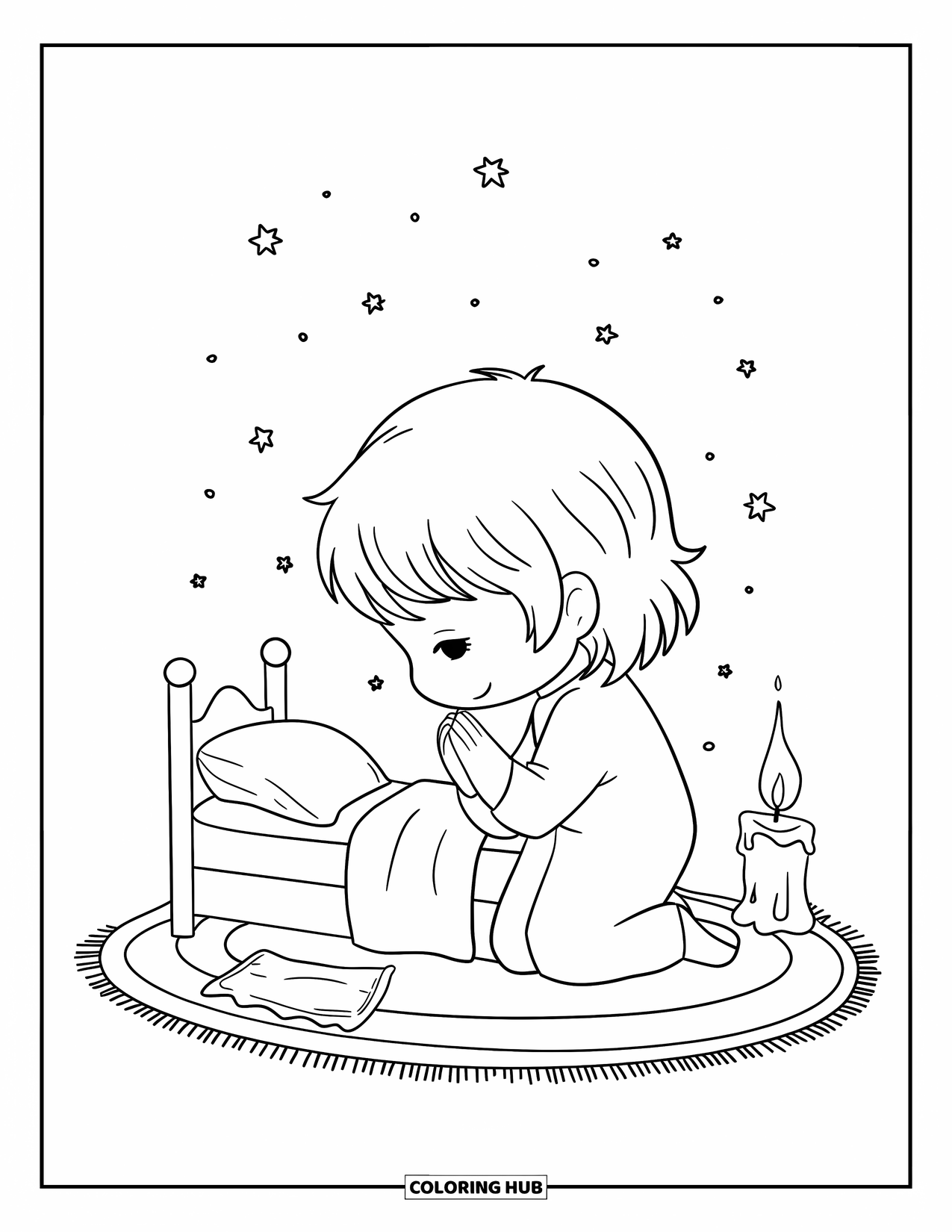 Prayer Coloring Page for Adults: A child kneels by a bed surrounded by stars and a candle