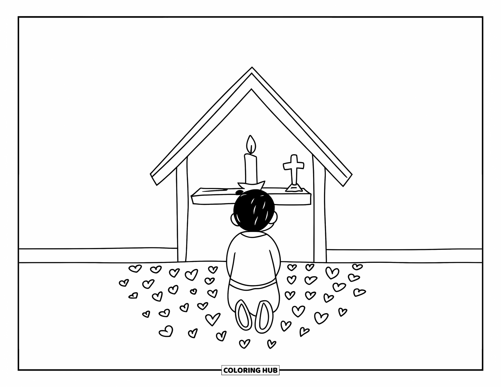 Prayer Coloring Page for Adults: A child kneels by an altar with a candle and cross