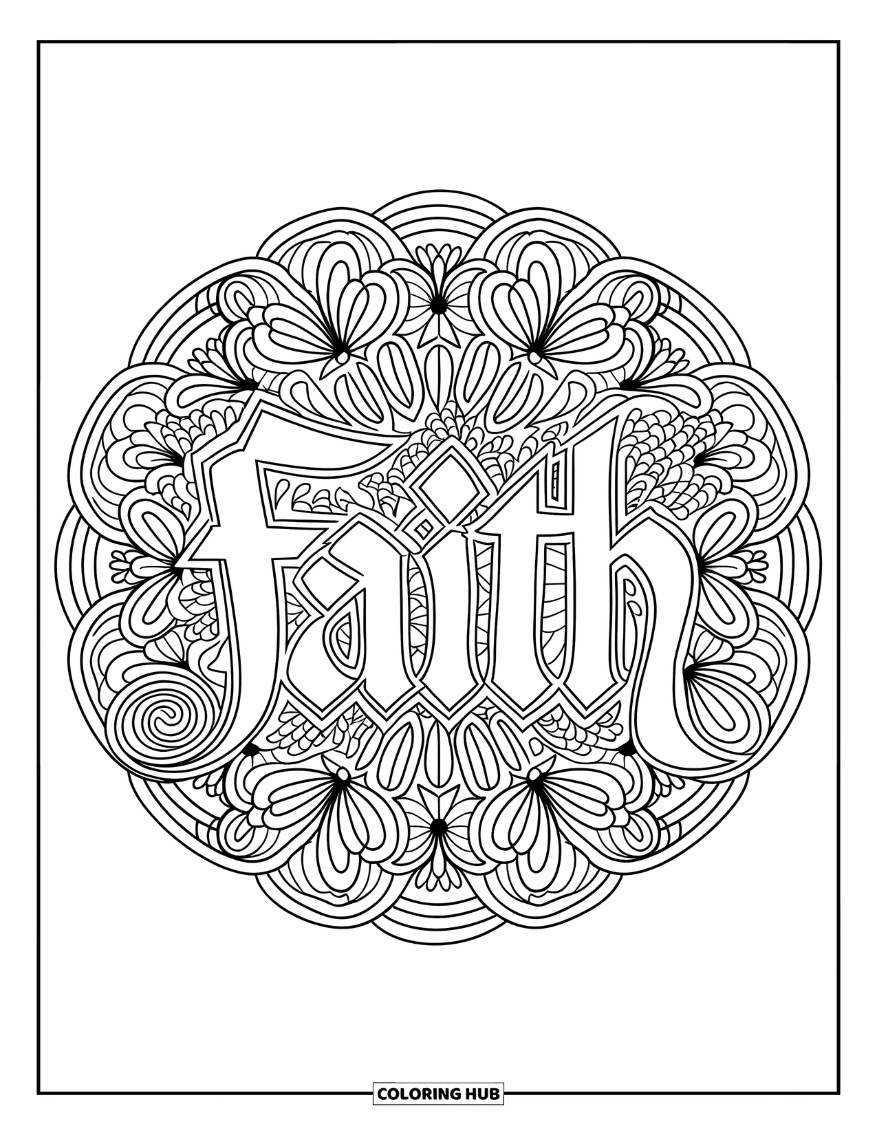 Prayer Coloring Page for Adults: A circular mandala with "Faith" written at its center