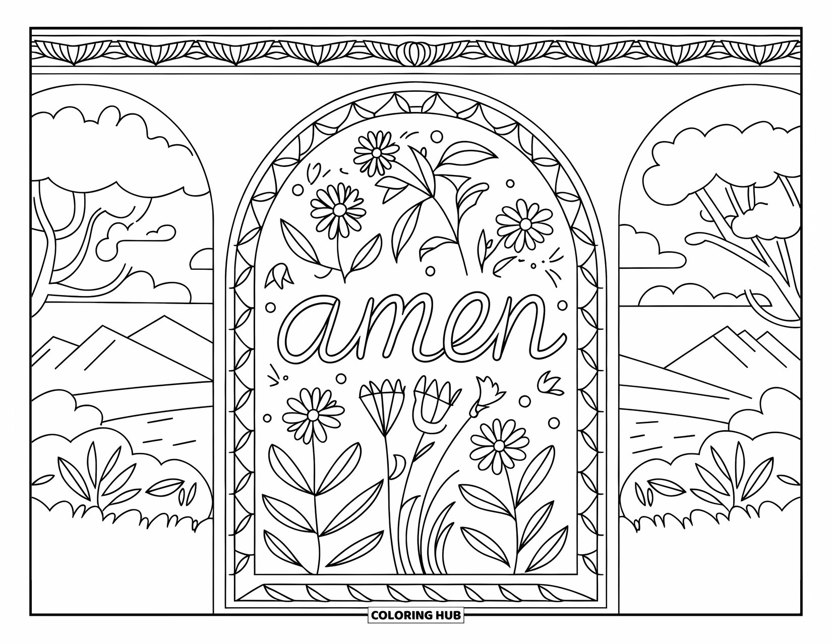 Prayer Coloring Page for Adults: A floral arch with "Amen" and a peaceful landscape beyond