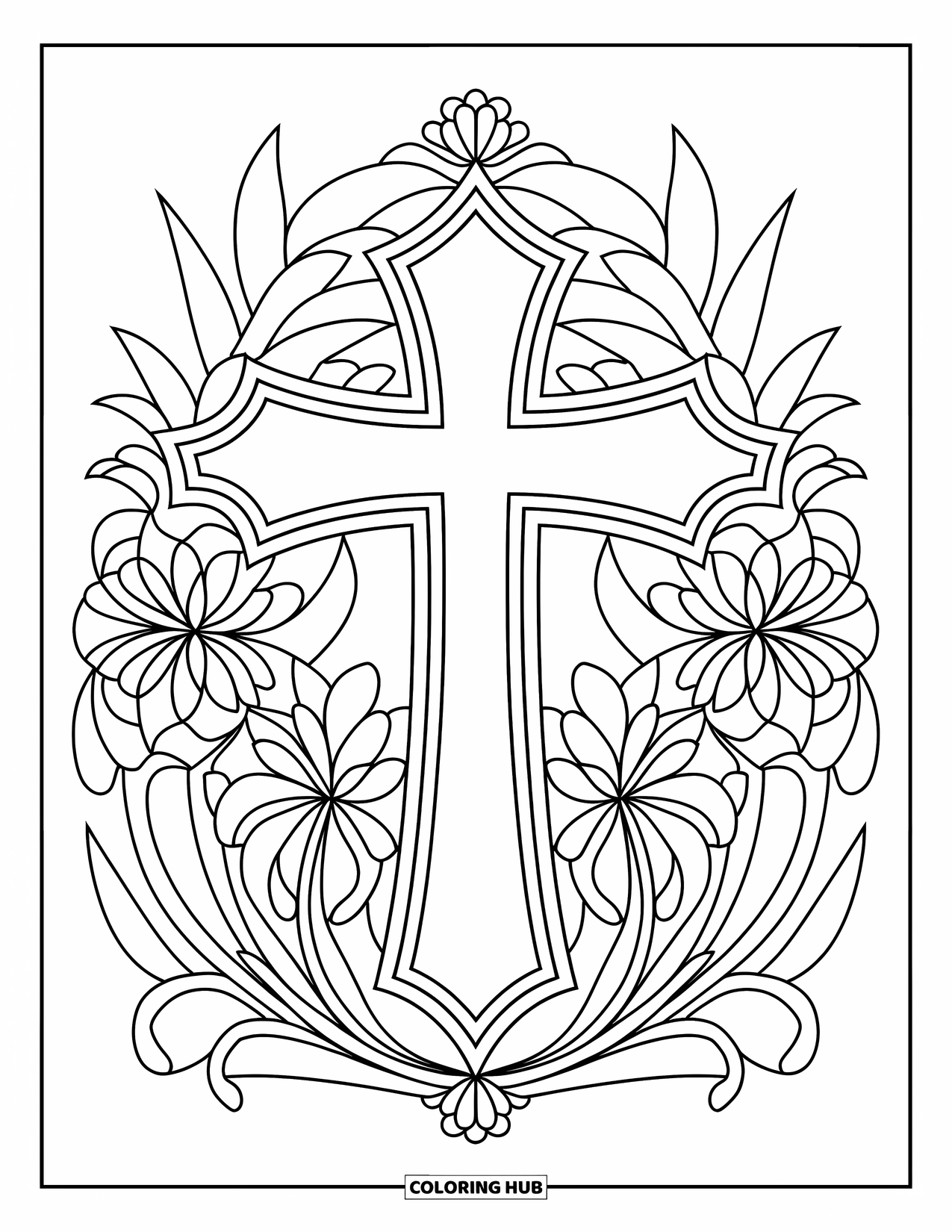 Prayer Coloring Page for Adults: A floral mandala centers around a cross with geometric details