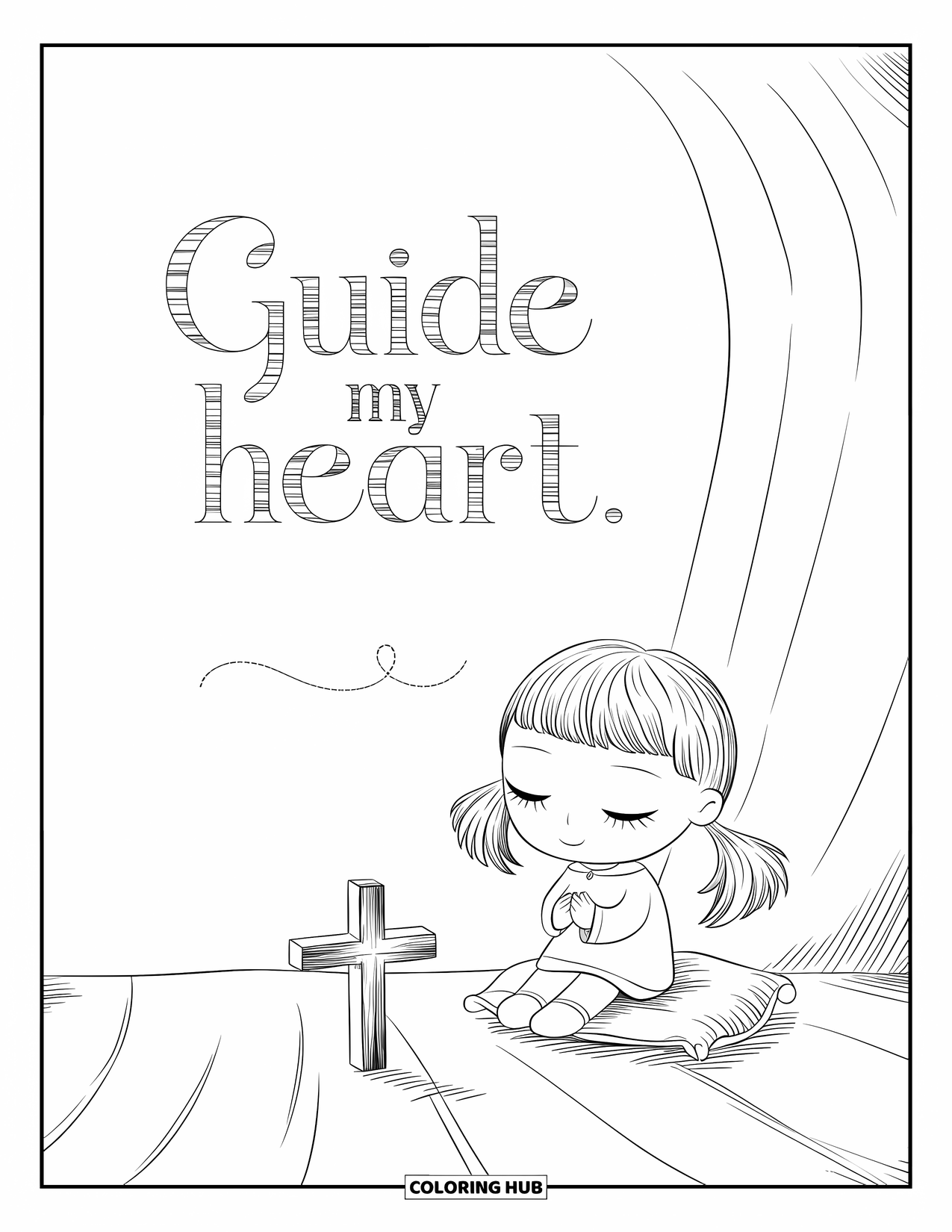 Prayer Coloring Page for Adults: A girl prays beside a small cross, "Guide my heart"