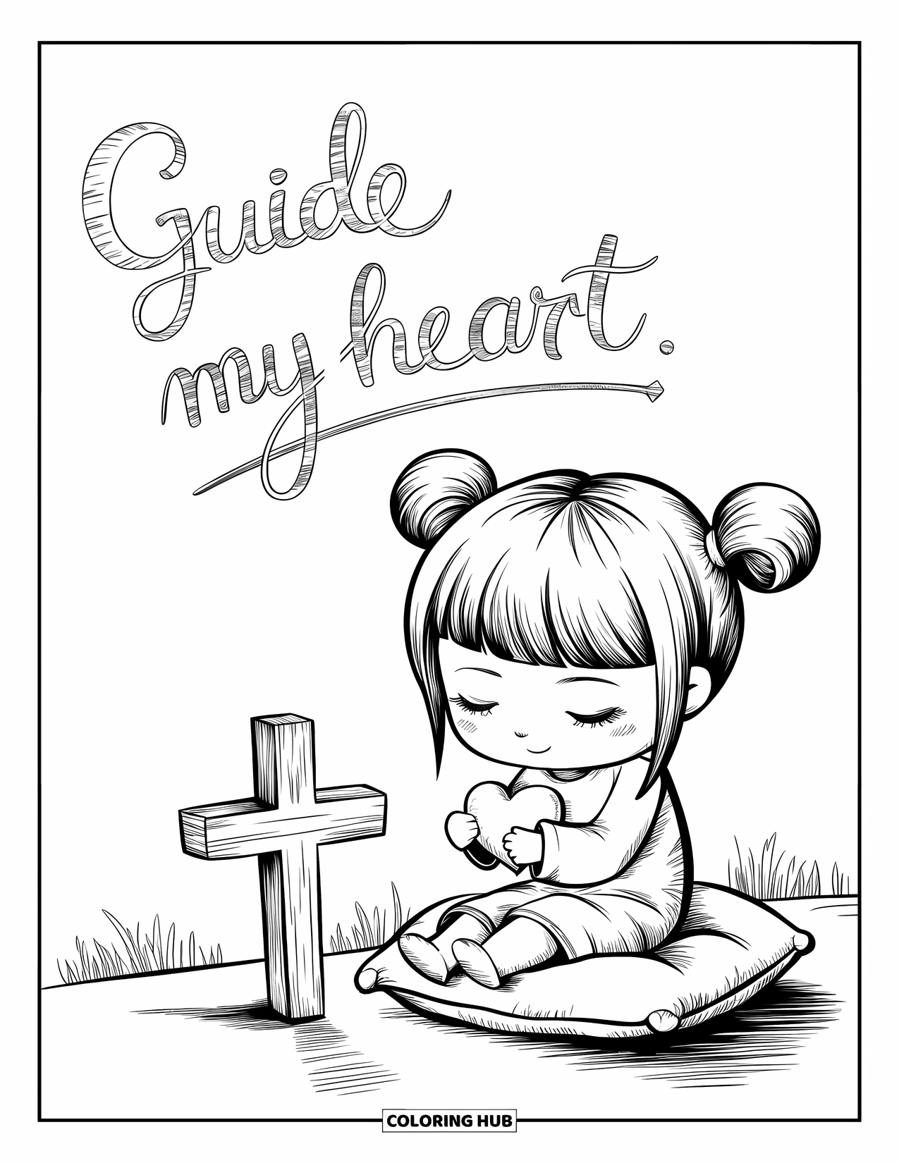 Prayer Coloring Page for Adults: A girl with pigtails prays softly beside a cross