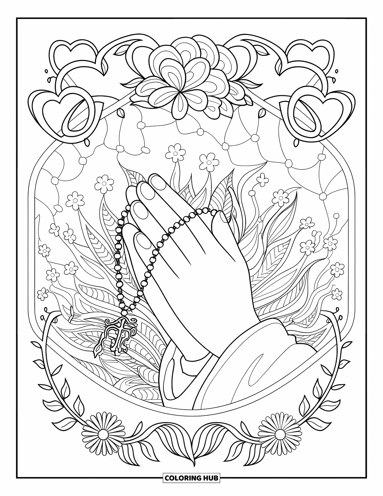 Prayer Coloring Page for Adults: A hand with a rosary surrounded by flowers and ornate borders