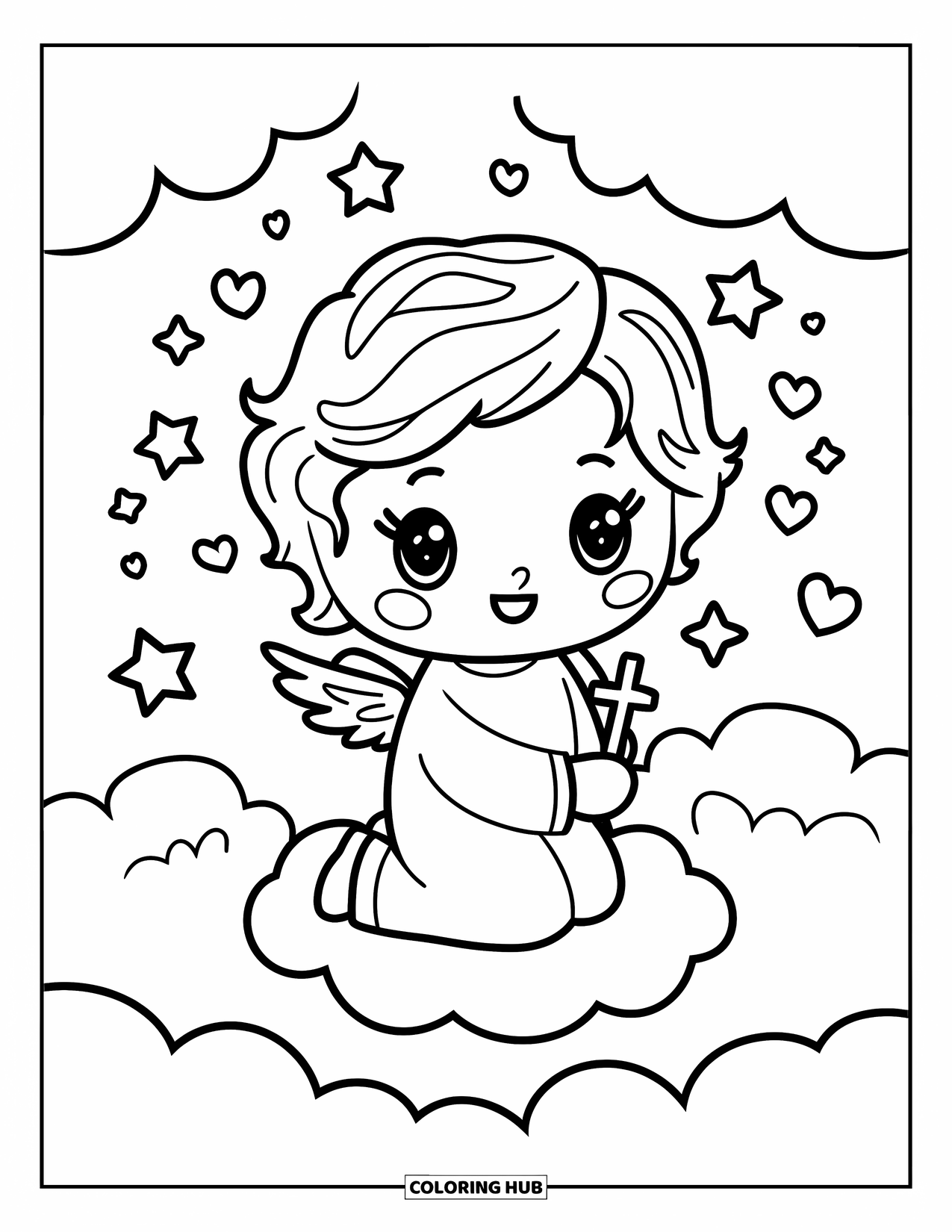 Prayer Coloring Page for Adults: A kawaii angel kneels on a cloud with stars around