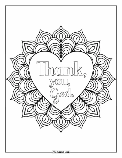 Kolorowanka z modlitwą dla dorosłych: Wzór mandali z sercem i napisem "Thank You, God." pismem odręcznym