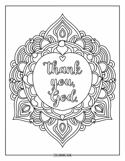 Kolorowanka z modlitwą dla dorosłych: Mandala z sercem i słowami "Thank You, God"