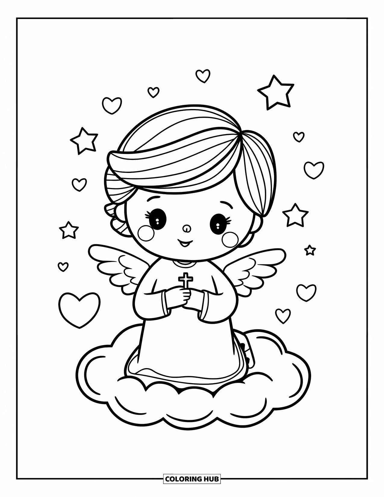 Prayer Coloring Page for Adults: A small angel kneels on a cloud with stars and hearts