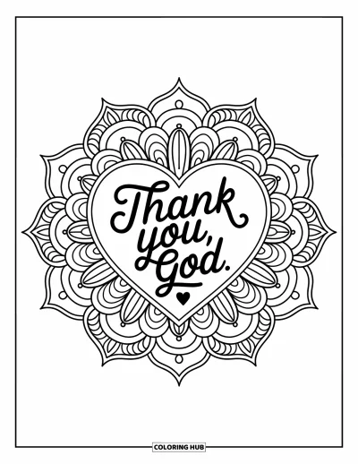 Kolorowanka z modlitwą dla dorosłych: Symetryczna mandala z napisem "Thank You, God." i małym serduszkiem