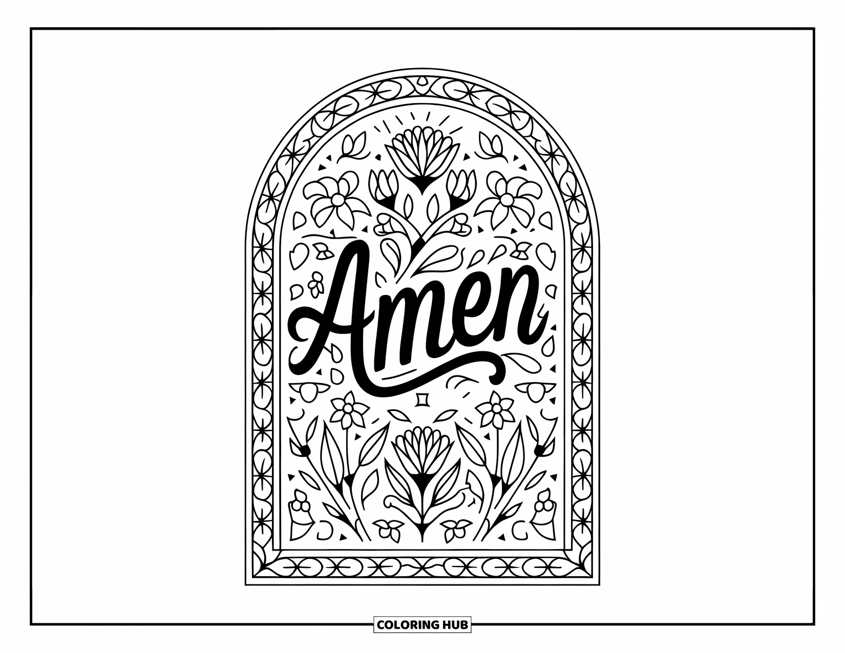 Prayer Coloring Page for Adults: An arch of flowers surrounds the word "Amen"
