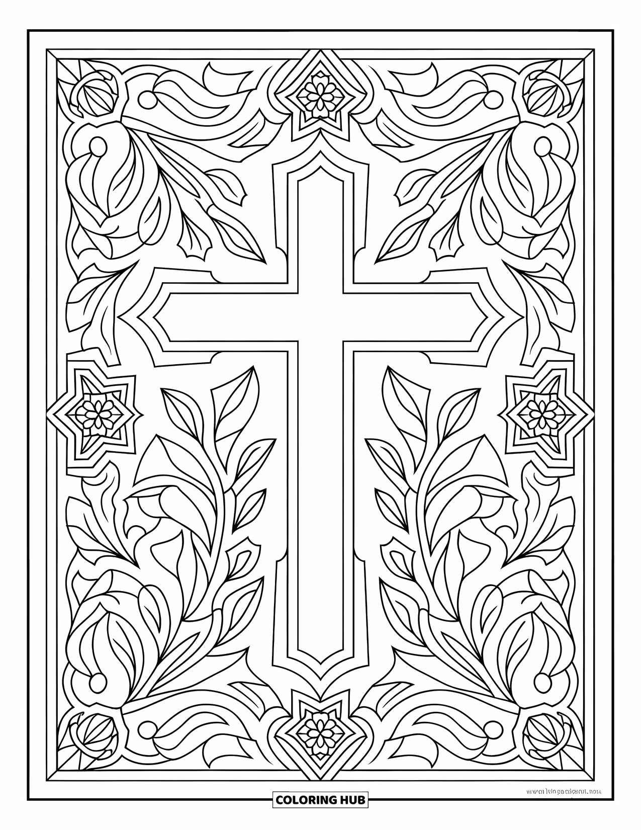 Prayer Coloring Page for Adults: An ornate cross surrounded by geometric and floral designs