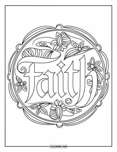 Kolorowanka z modlitwą dla dorosłych: Ozdobna mandala otacza słowo "Faith" napisane pismem odręcznym