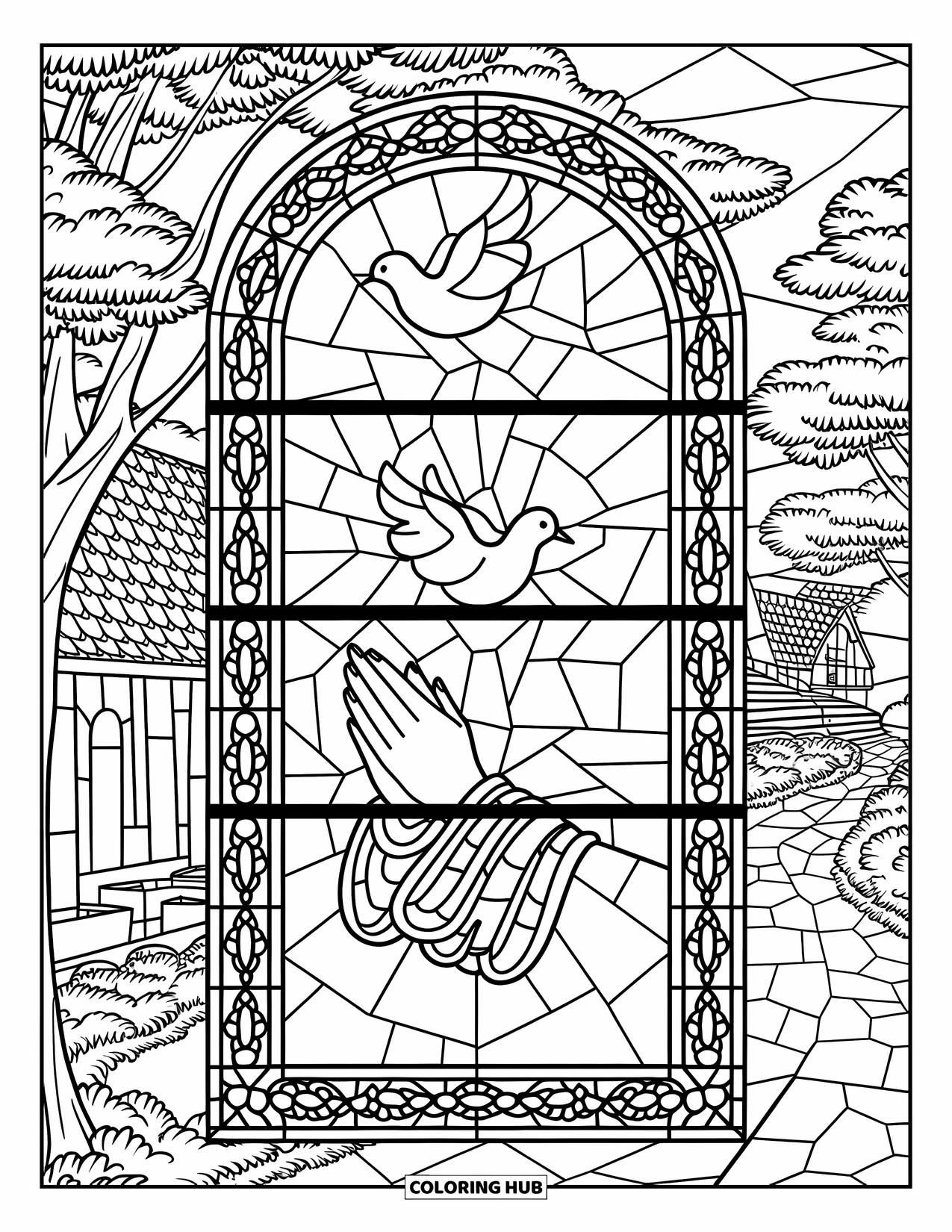 Prayer Coloring Page for Adults: Praying hands and doves appear in a stained-glass window design
