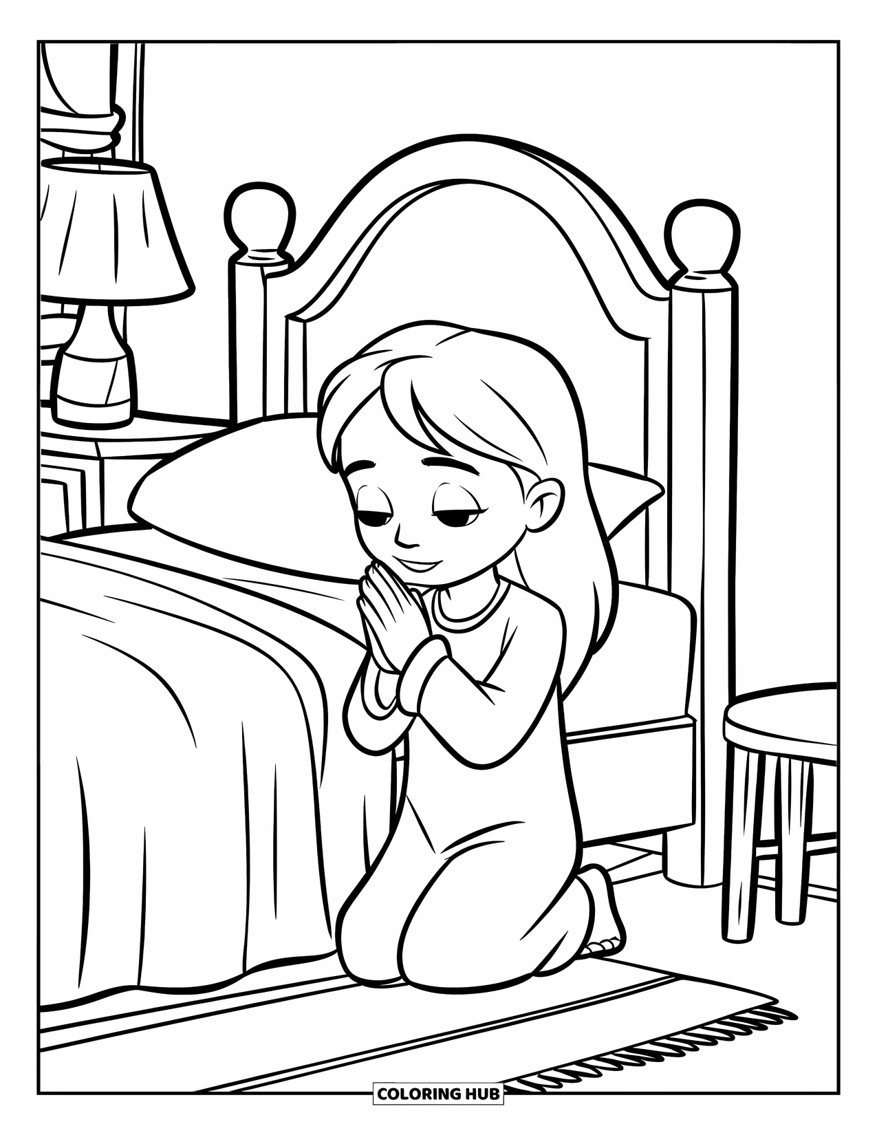 Prayer Coloring Page for Kids: A child kneels beside their bed, hands clasped in prayer