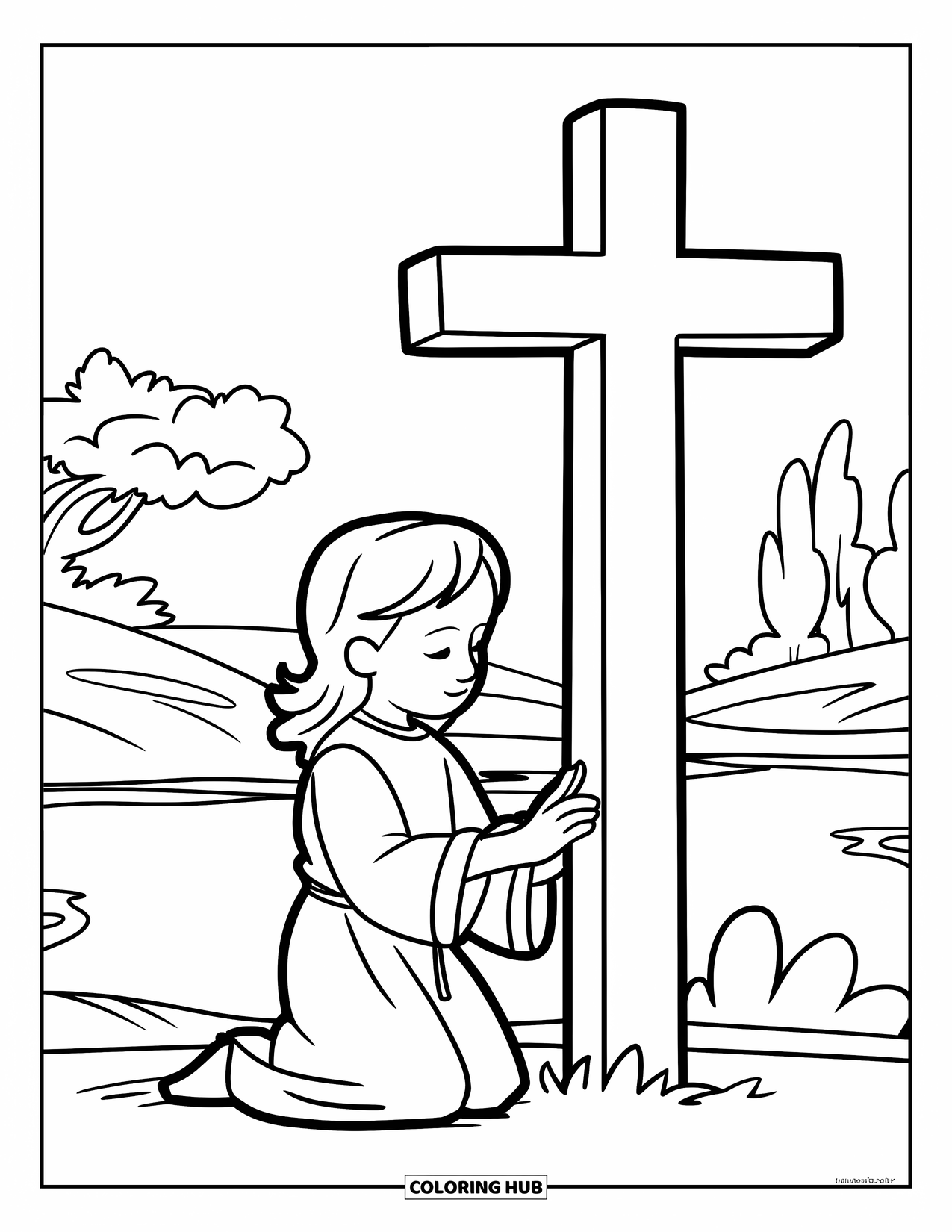 Prayer Coloring Page for Kids: A child kneels by a cross in a calm, natural setting
