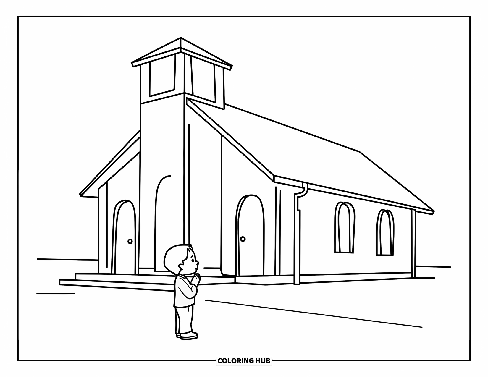 Prayer Coloring Page for Kids: A child prays before a church with twin doors and a steeple