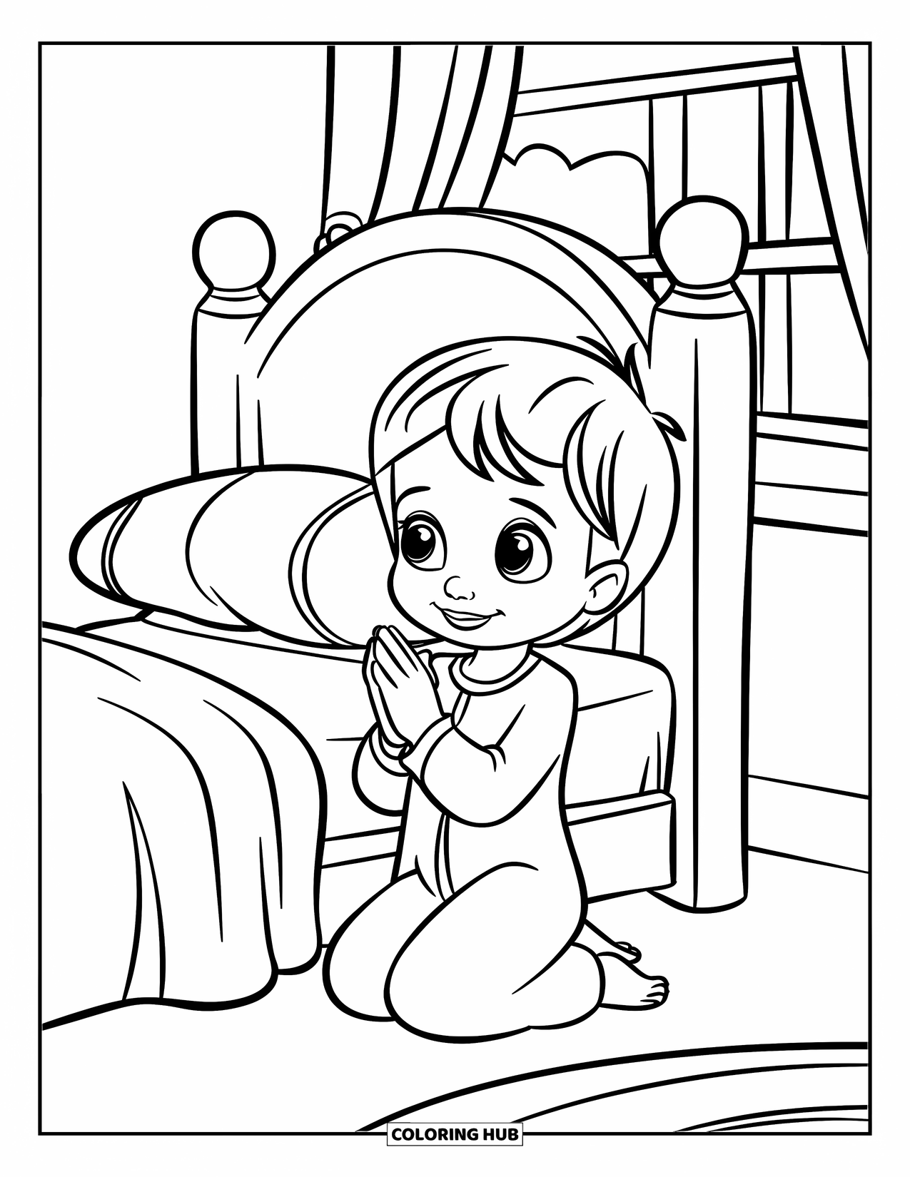 Prayer Coloring Page for Kids: A child prays by their bed beneath a curtained window