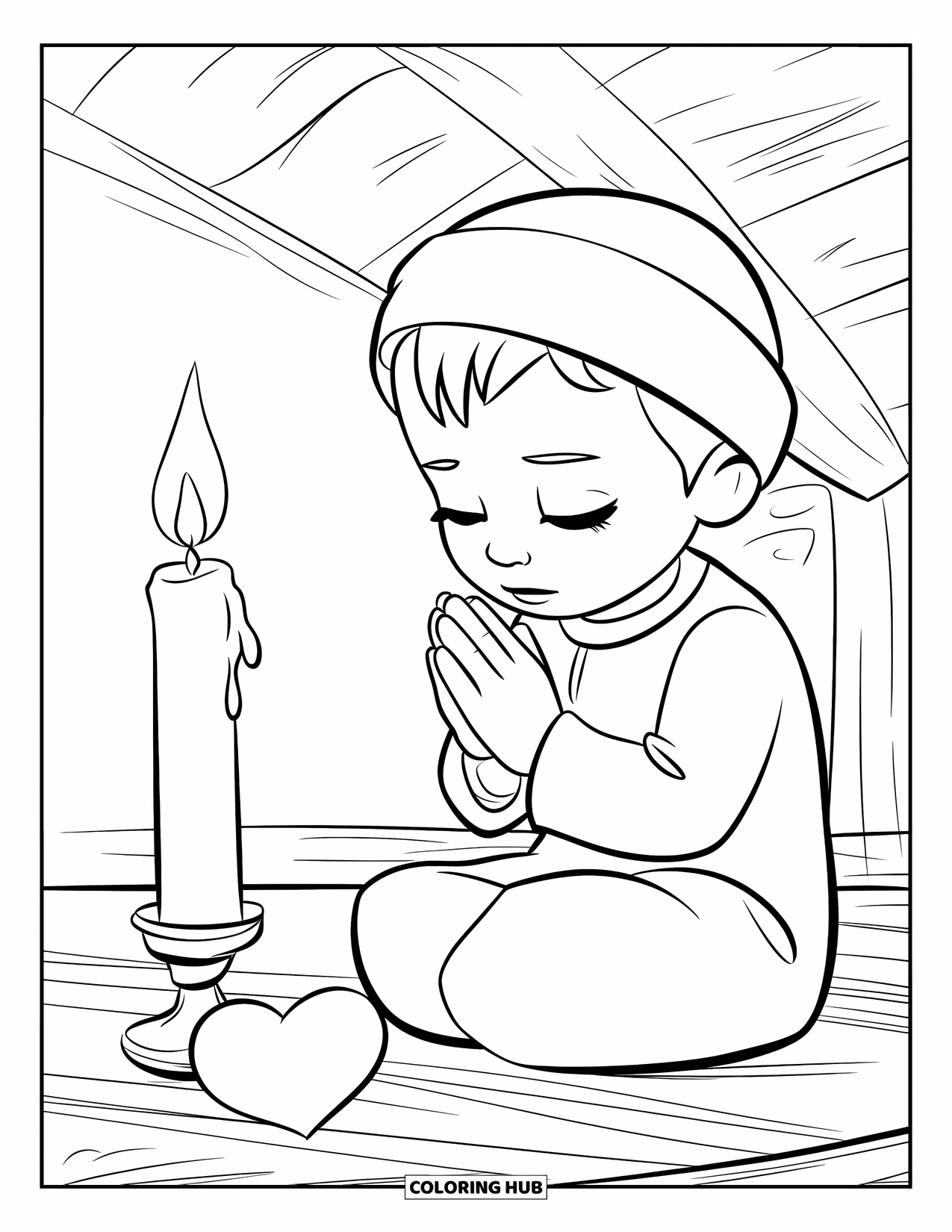 Prayer Coloring Page for Kids: A child prays quietly near a candle inside a cozy room