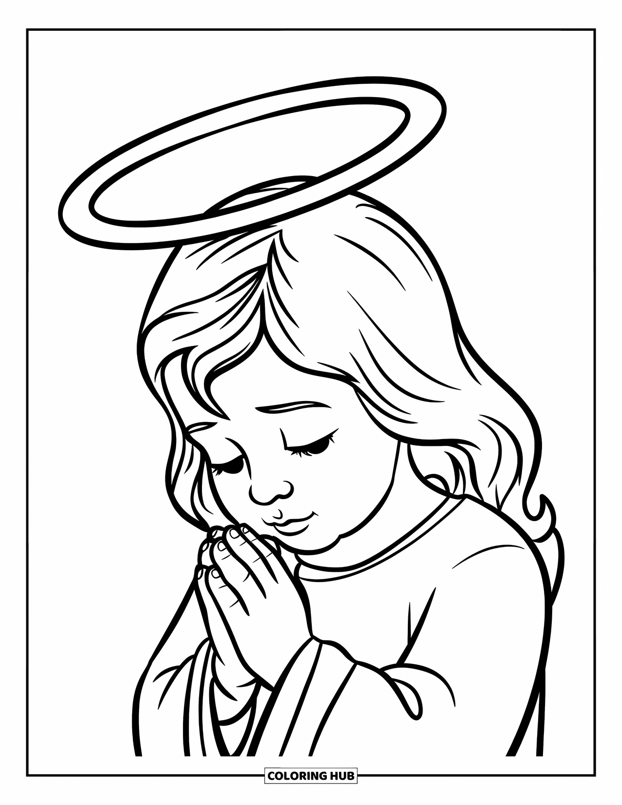 Prayer Coloring Page for Kids: A child with a halo prays softly in peaceful reflection