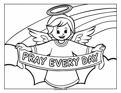 Kolorowanka z modlitwą dla dzieci: Sympatyczny aniołek trzyma transparent z napisem "Pray Every Day"