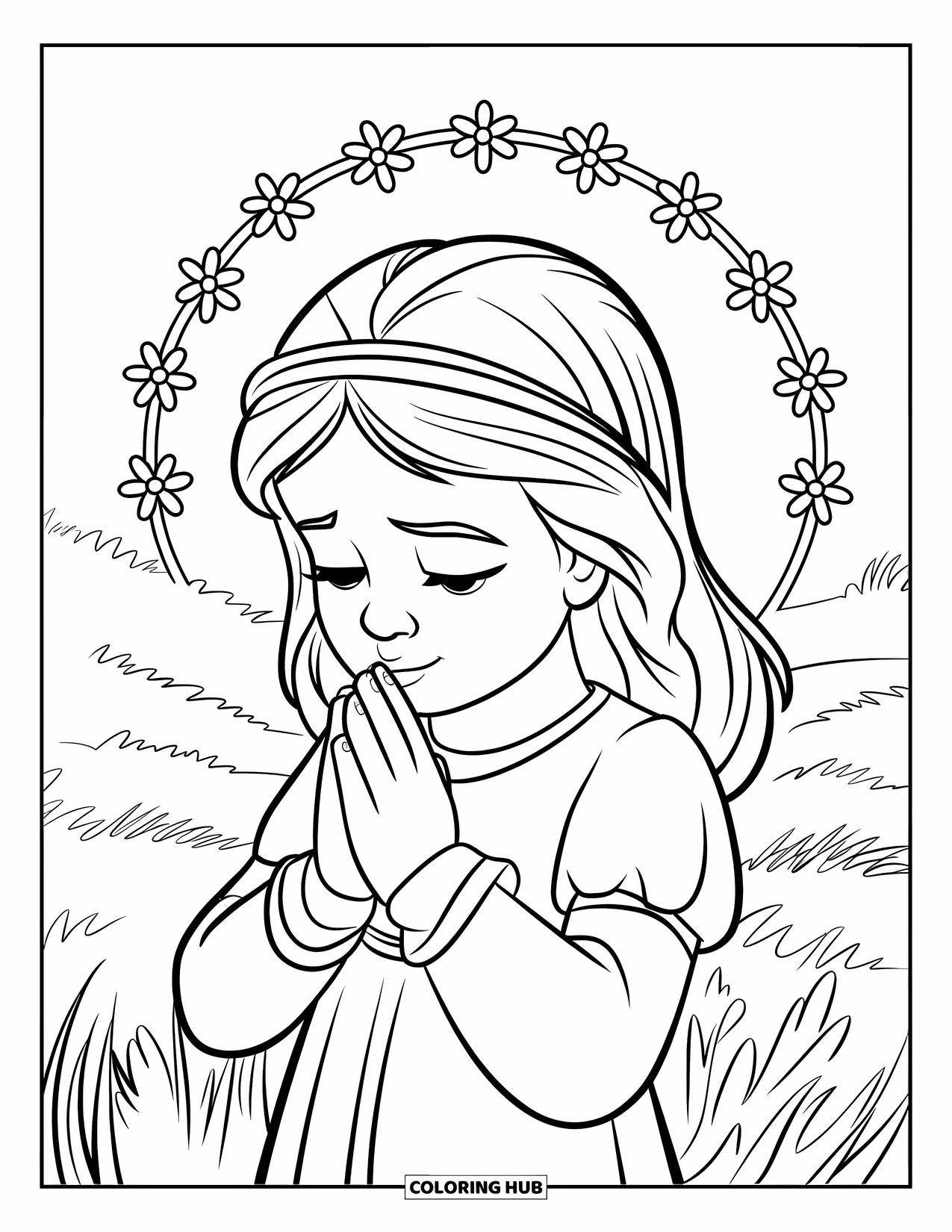 Prayer Coloring Page for Kids: A haloed child prays gently surrounded by flowers
