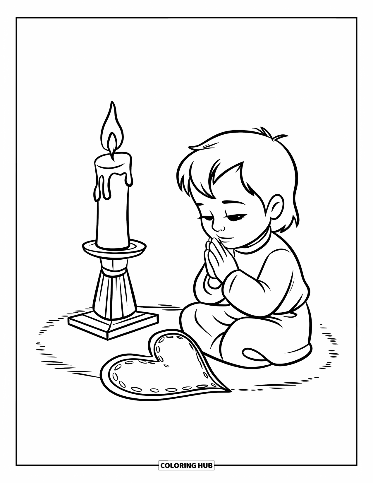 Prayer Coloring Page for Kids: A praying child sits near a candle and a heart symbol
